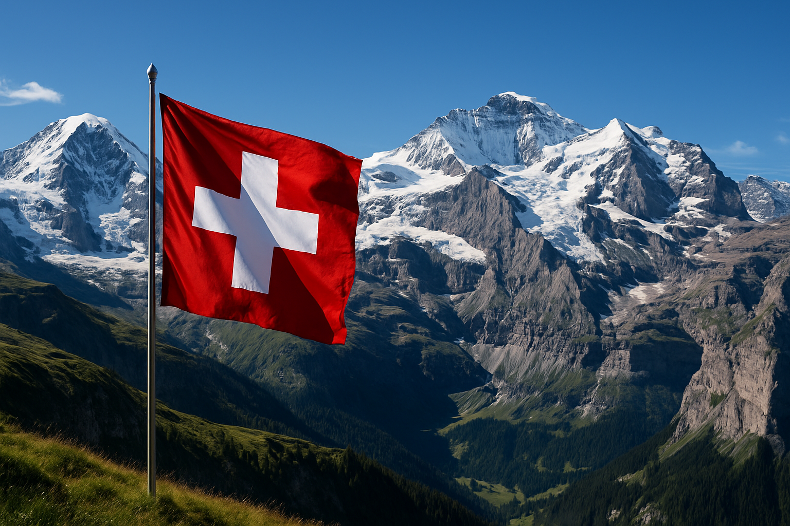 schweizeralpen mit schweizer fahne hyperrealsitisch