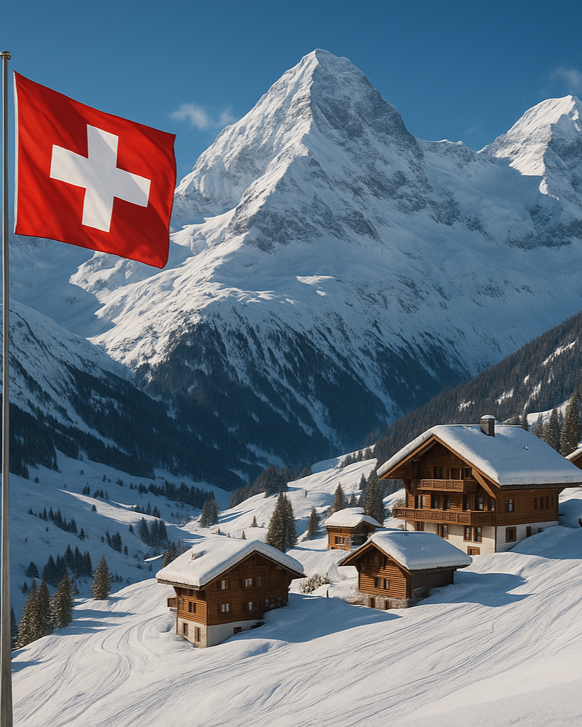 swiss skiing resort with swiss flag hyperrealisitc
